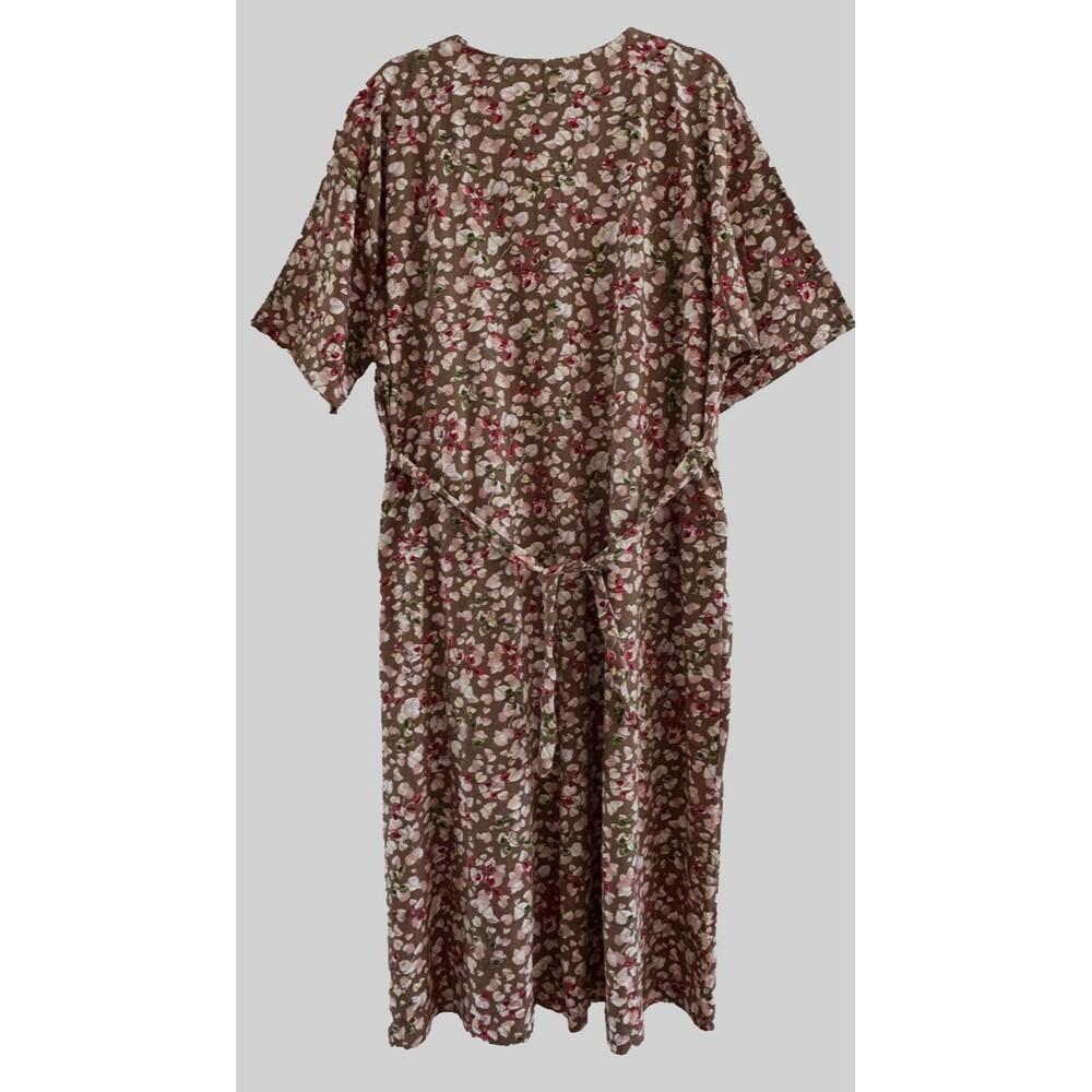 Womens 4X Brown Floral Cotton Zip Front House Dress Short Sleeve Midi Robe Boho